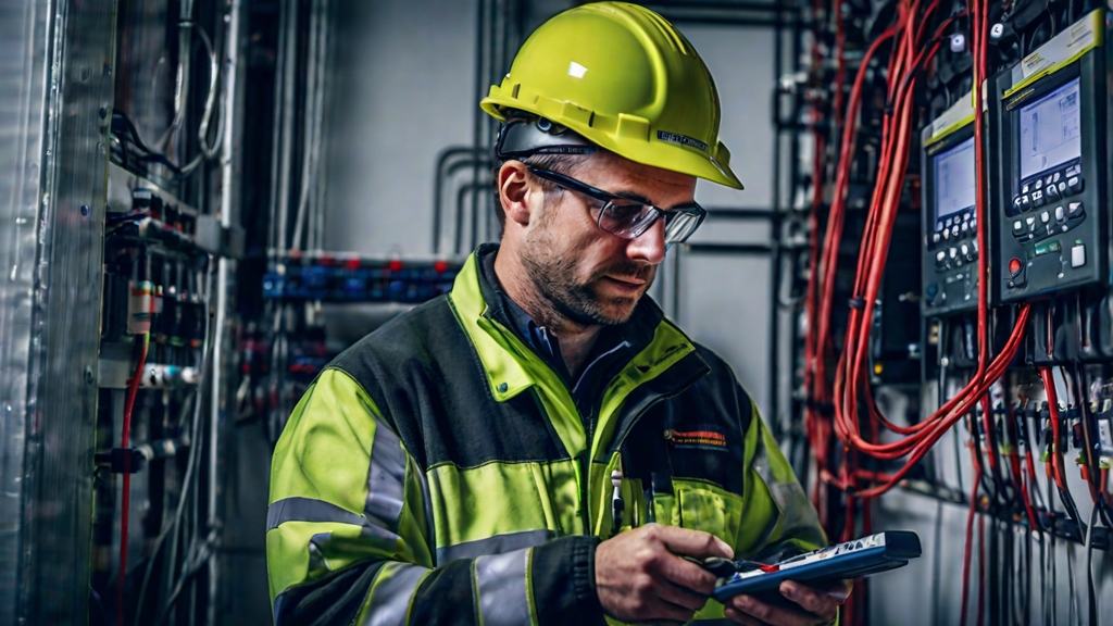 Close-up of a certified thermographer in a branded uniform using a high-resolution thermal imaging camera to inspect electrical panels in a commercial facility, clear contrast between visible and thermal spectrum, professional and safety-focused setting, mid-journey style