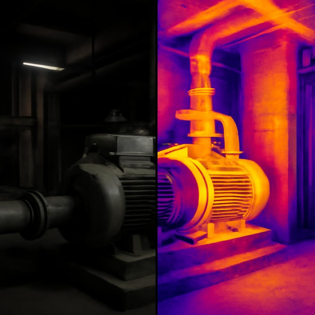 A dramatic before-and-after split image: on one side, a dimly lit industrial space with invisible risks; on the other, a vivid thermal scan making hidden faults in machinery and building structures visible, in a realistic, professional style.