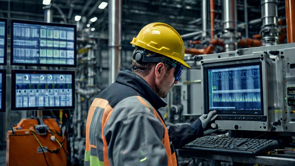 Close-up of an engineer in safety attire using a high-end thermal imaging camera on factory equipment, while a large digital monitor displays anomaly alerts and maintenance scheduling automation; background hints at high-tech manufacturing or data center environment; sharp detail, high-tech, futuristic atmosphere.