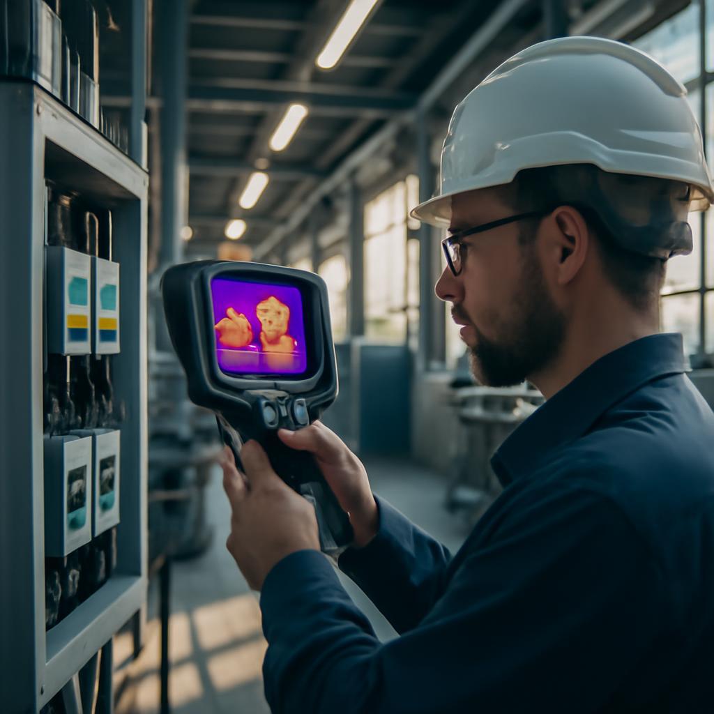 A modern industrial facility interior showing a maintenance technician using a high-resolution thermal imaging camera to scan electrical equipment, with vibrant thermal colors highlighting hidden heat spots; the setting is clean, professional, and bustling with subtle summer morning sunlight through large windows. Midjourney style.