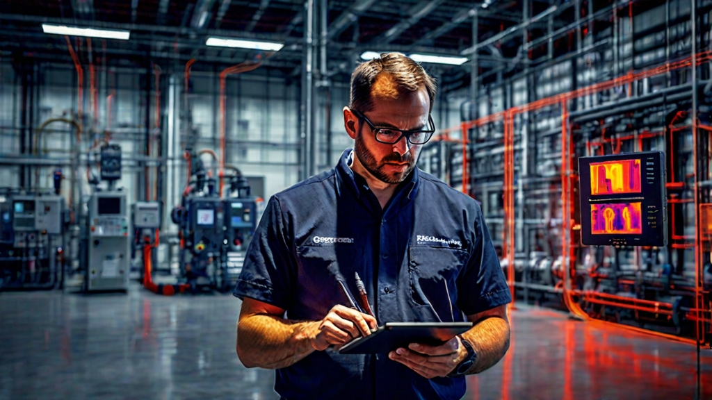 A mid-journey style image showing a facility manager reviewing high-resolution thermal imaging scans in a modern industrial facility, with vivid heat signatures displayed on a tablet screen. In the background, diverse equipment such as electrical panels, machinery, and building walls are subtly highlighted to represent electrical, mechanical, and building investigation scans. Professional, clear, and visually engaging.
