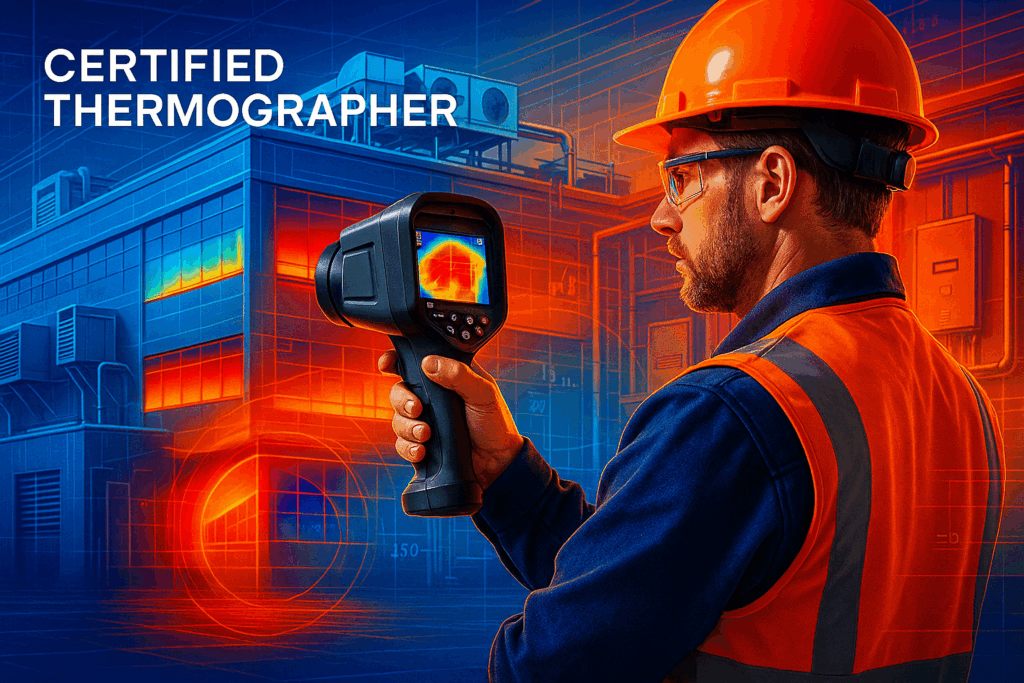 Professional thermal imaging scene showcasing building inspection technology. In the foreground, a certified thermographer in safety gear holds a high-resolution thermal imaging camera, pointing it at a large commercial building. The thermal camera's display screen shows a colorful thermal image with red and yellow heat patterns indicating potential issues. The background features a modern industrial or commercial facility with visible HVAC systems and electrical panels. Incorporate vibrant, dynamic color schemes with blues, oranges, and reds that mirror the swirling, technological aesthetic of the Louisville IR brand - use bold, modern styling with clean geometric patterns. The lighting should be professional and crisp, emphasizing the high-tech nature of the equipment. Include subtle data overlay graphics or diagnostic readouts to convey precision and scientific accuracy. The overall composition should feel innovative and cutting-edge, matching the modern, vibrant technological advancement theme of the brand identity.