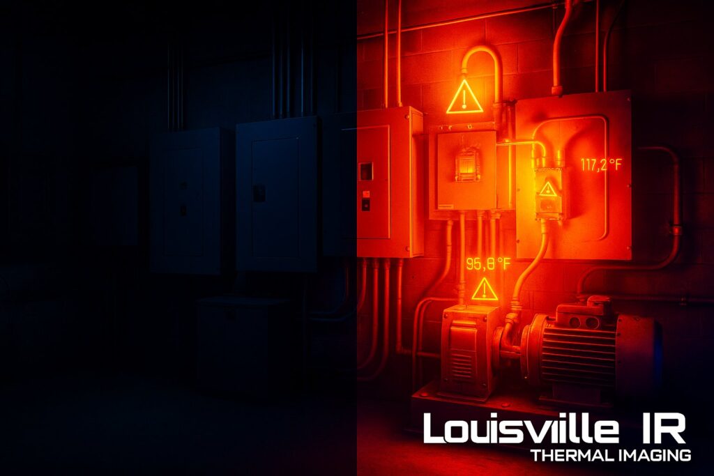 A dramatic, high-tech hero image showing a split-screen composition: on the left, a dark industrial facility with electrical panels and machinery in shadow; on the right, the same scene revealed through thermal imaging with bright orange, red, and yellow heat signatures highlighting hidden electrical hotspots and equipment anomalies. The thermal side should show vivid color gradients indicating temperature variations, with critical areas glowing intensely. Include subtle digital overlays with temperature readings and warning indicators. The lighting should be cinematic and professional, with a slight blue-tint to the normal view contrasting with the warm thermal colors. Shot from a slightly elevated angle to show depth and scale of the facility. Modern, technology-forward aesthetic that conveys precision and professional-grade thermal imaging capabilities. High contrast, sharp focus, photorealistic style with a touch of dramatic lighting to emphasize the 'hidden threats revealed' concept.