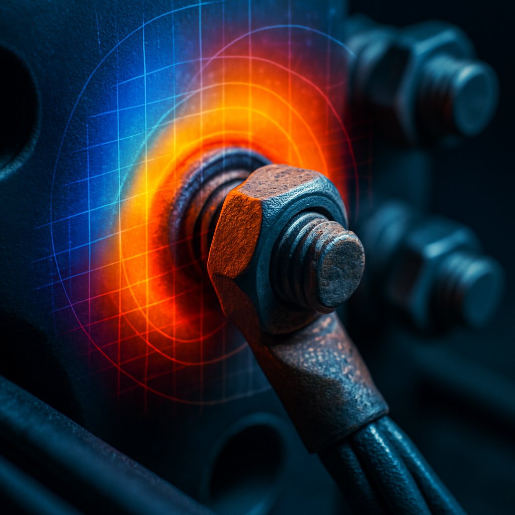 Close-up detail photograph of an industrial electrical motor terminal connection showing thermal failure progression. The image should be shot in extreme macro detail, focusing on a single electrical connection point with subtle early warning signs. Use dramatic side lighting to create depth and texture. Overlay or integrate a translucent thermal imaging gradient showing invisible heat building up around the connection - using vibrant technological colors (electric blues, bright oranges, and reds) that create a sense of innovation and advanced detection. The thermal overlay should have a modern, digital quality with subtle grid lines or data visualization elements. Include depth of field with sharp focus on the connection point and softer background showing additional electrical components. The overall aesthetic should feel like cutting-edge industrial technology documentation, emphasizing the hidden danger and the sophisticated tools needed to detect it. Professional commercial photography quality with rich colors and high dynamic range.